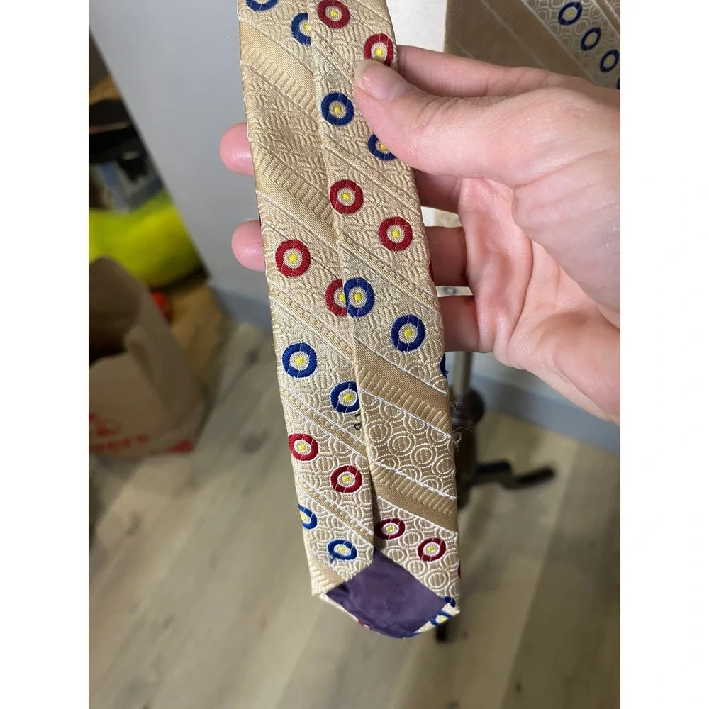 Vintage 70s Vesuvio Italy Mens Necktie Gold Red Blue Geometric Circle Stripe Tie